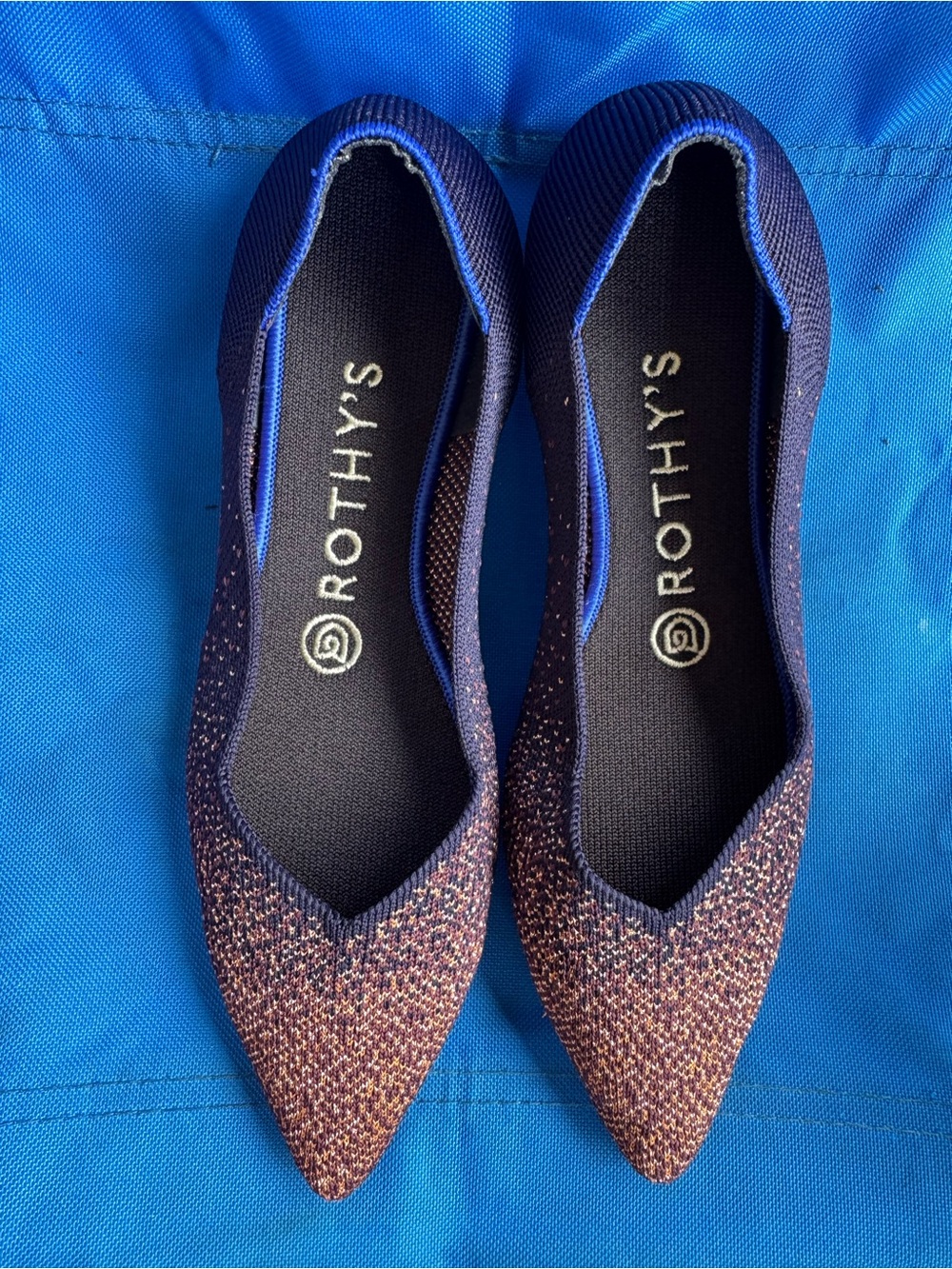 Rothy's The Point Knit Blue & Rose Gold Knit Pointed Toe Flats size 7